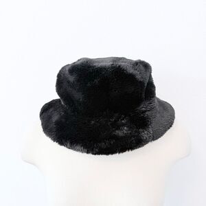Mixit Faux Fur Black Bucket Hat Wide Brim Quilted Y2K